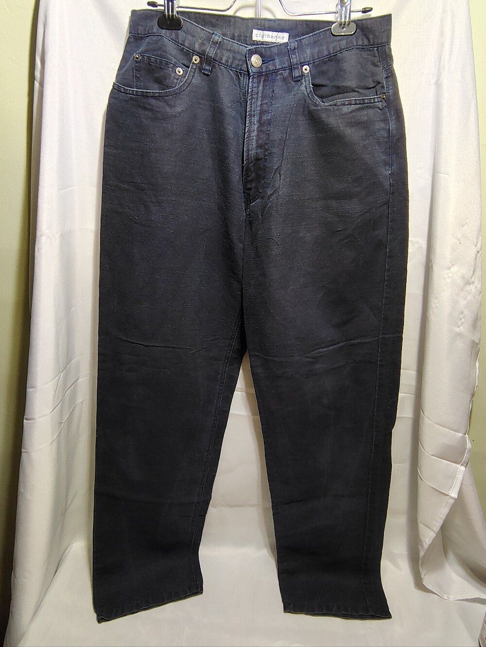 Vintage Y2K Claiborne Womens Dark Blue Linen Lightweight Trousers 34x31 Mom